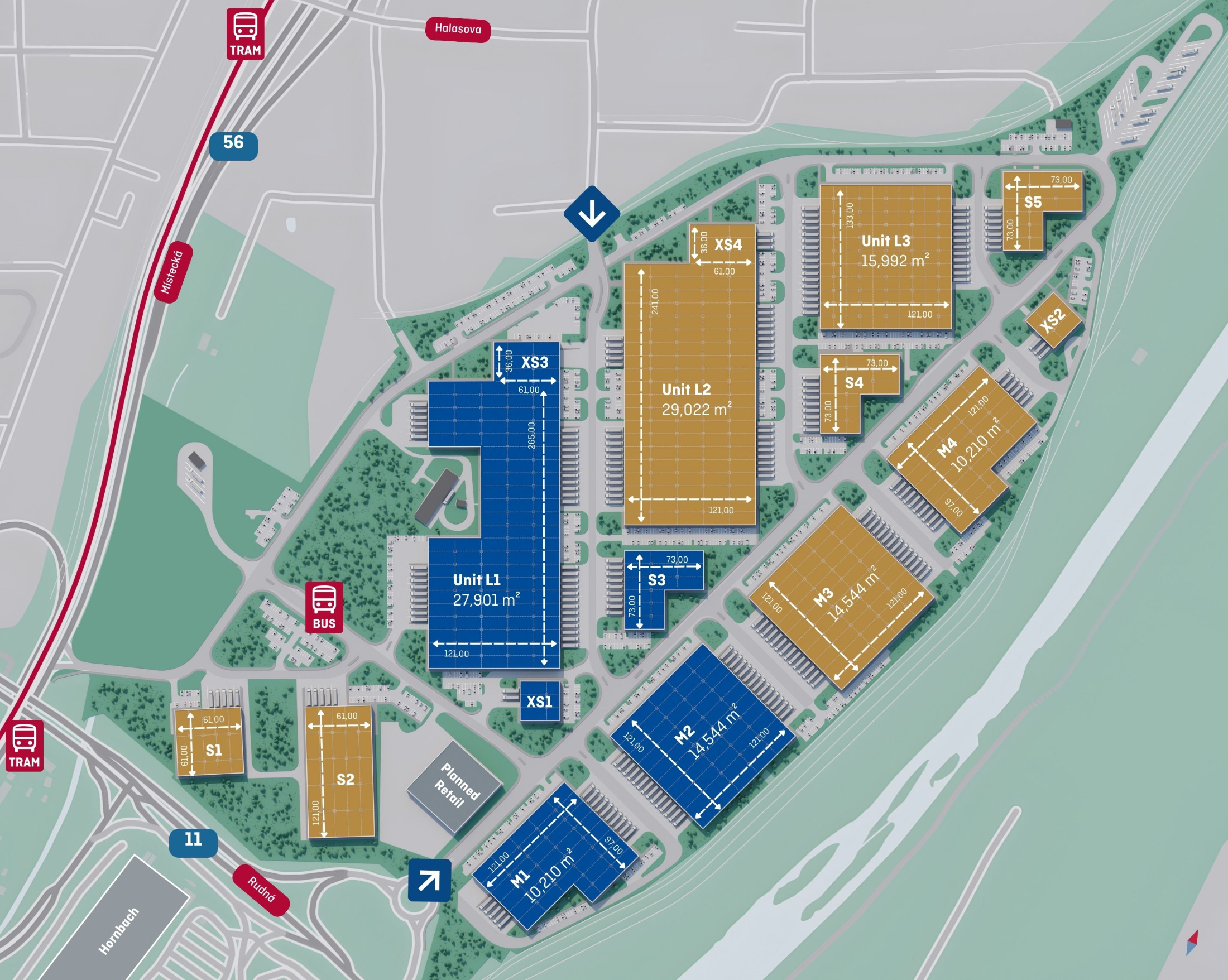 Site plan of P3 Ostrava Central showing all sixteen buildings between Místecká, Rudná and the Ostravice river